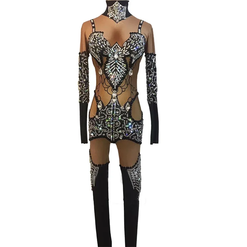 Halloween Party Gogo Dance Kostüm Langarm Strass Overall Frauen Festival Outfit Nachtclub Dj Ds Bühne Tragen XS6864