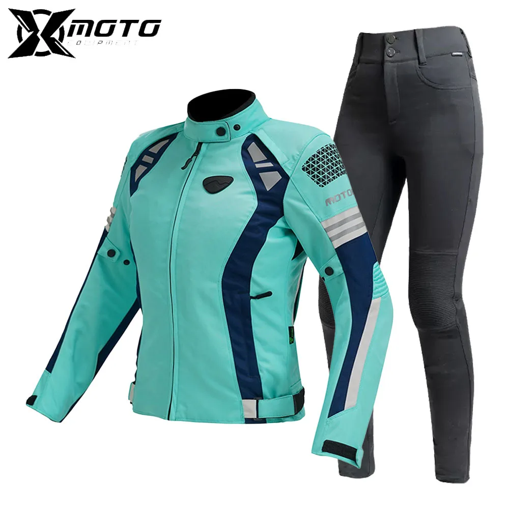 

Motorcycle Jacket Women Windproof Protective Gear Chaqueta Moto Motocross Jacket + Pants Set Reflective Moto Riding Racing Suit