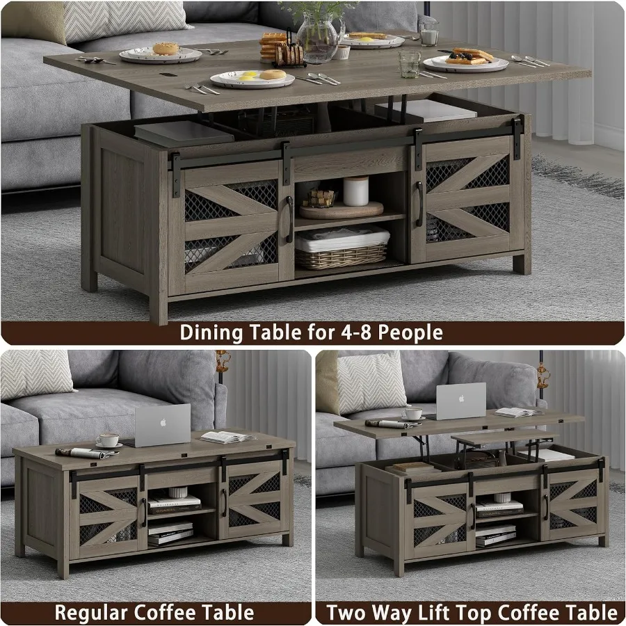 47.2 Lift Top Coffee Table 4 in 1 Farmhouse Coffee Table with Storage and Sliding Barn Doors Coffee Tables for Living Room Dini