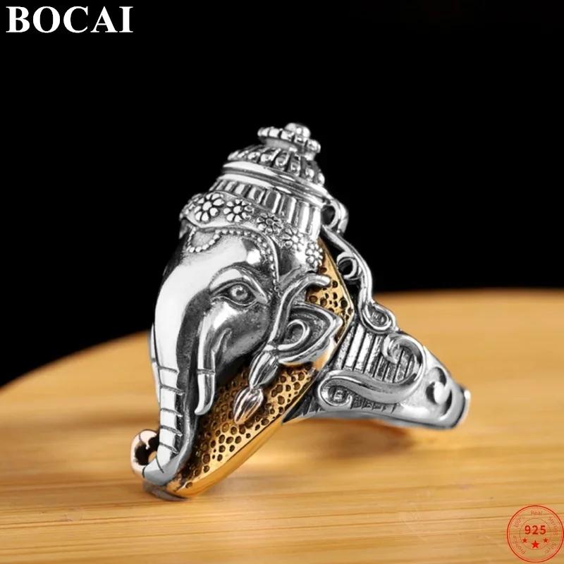 BOCAI S925 Sterling Silver Rings for Women Men New Fashion Relief Elephant-nosed Buddha Amulet Punk Jewelry