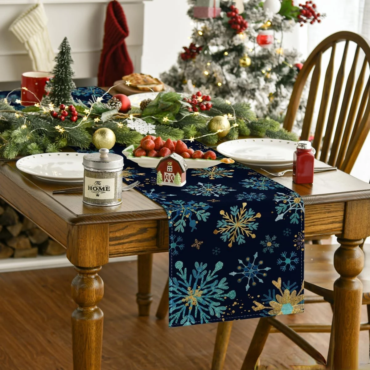 Blue Snowflake Hexagon Linen Christmas Table Runner, Durable & Washable Table Runner, Festive Party Kitchen & Dining Table Decor
