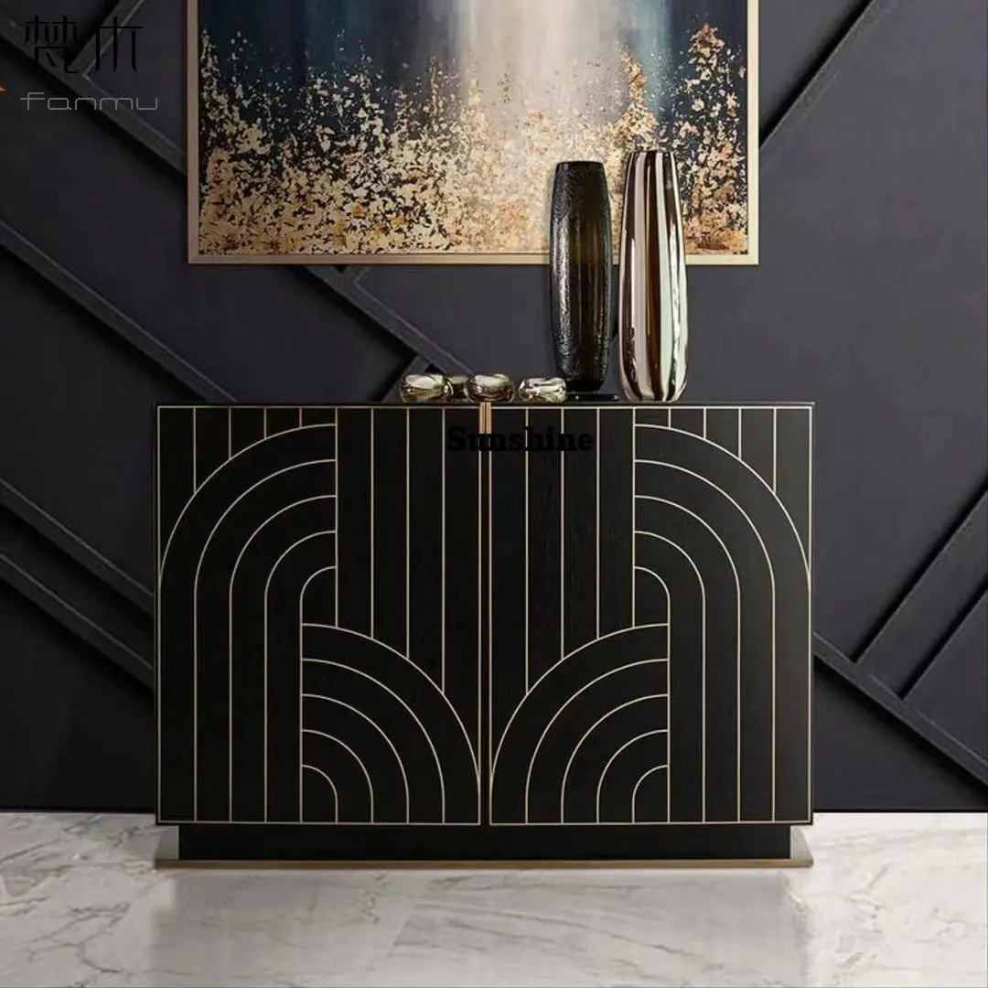 

Light luxury brass inlaid decorative side cabinet Modern simple living room dining side cabinet against the wall