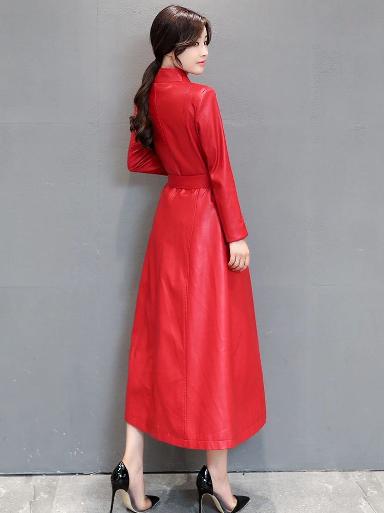 سترة نسائية طويلة من جلد الغنم من TING معطف متوسط ​​الطول بخصر ضيق وحزام للتخسيس فوق الركبة على الطراز الكوري