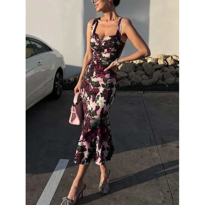 Abito da donna vintage casual chic con stampa di frutta, design a tromba ondulata, primavera estate 2025, moda da spiaggia per le vacanze