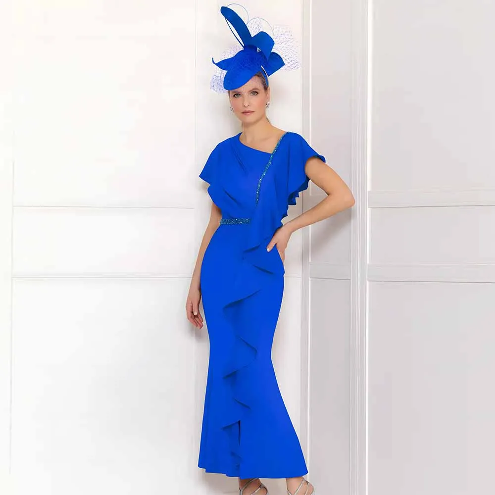 

Sheath Mother of the Bride Dresses 2025 Crepe Fabric Column Party Dress Royal Blue Square Neck Ruffles Pearls Prom Dress Midi