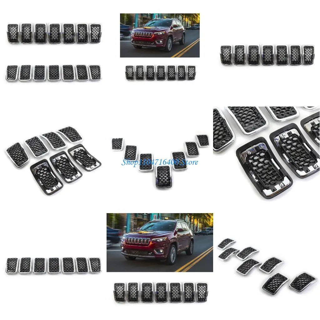 

y1gd Front ABS Plastic Chrome Inserts Cover Chrome Ring Black Mesh Grille Assembly Fit for Cherokee 2019-2022