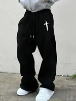 Pantalones de jogging negros para hombre, estampado de cruz blanca simple, pantalones de chándal informales, pantalones con cordón de cintura elástica, adecuados para uso diario