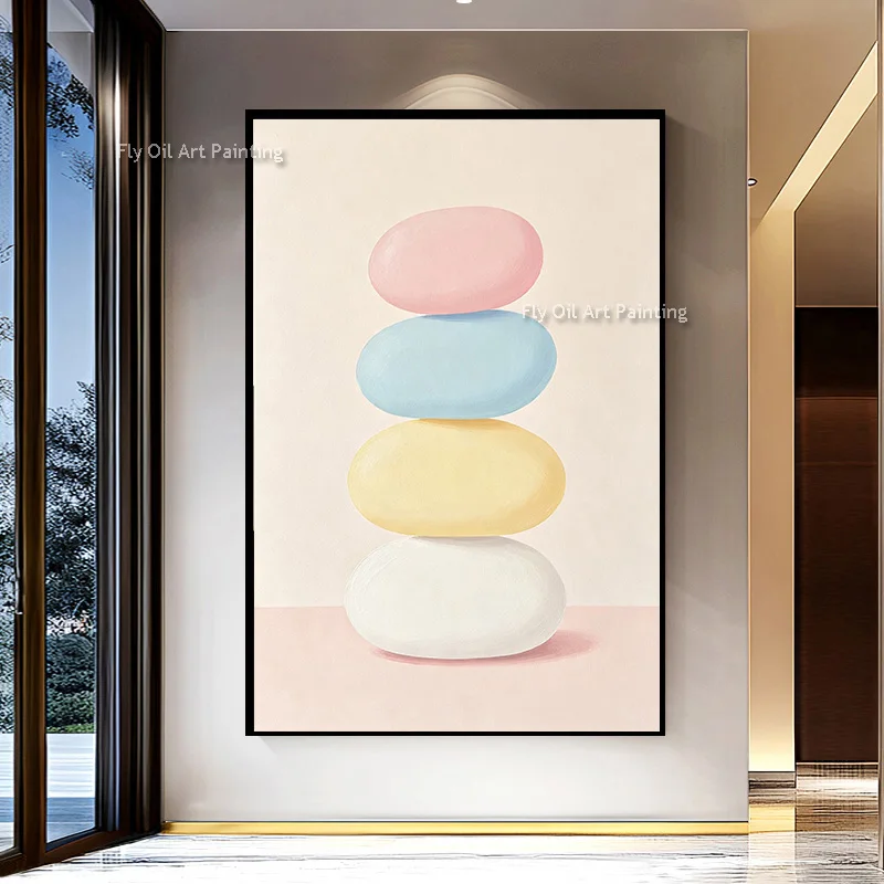 Abstract Stacked Pebbles Handpainted Canvas Oil Painting Soft Macaron Color Balance Stone Wall Art  Modern Serene Decor For Hall