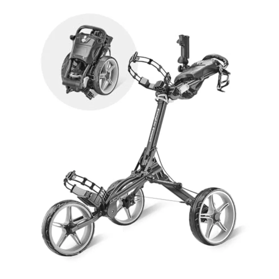 

Golf push cart for compact transport: lightweight aluminum, black/silver, quad-fold system, EVA wheels, adjustable handle, brak