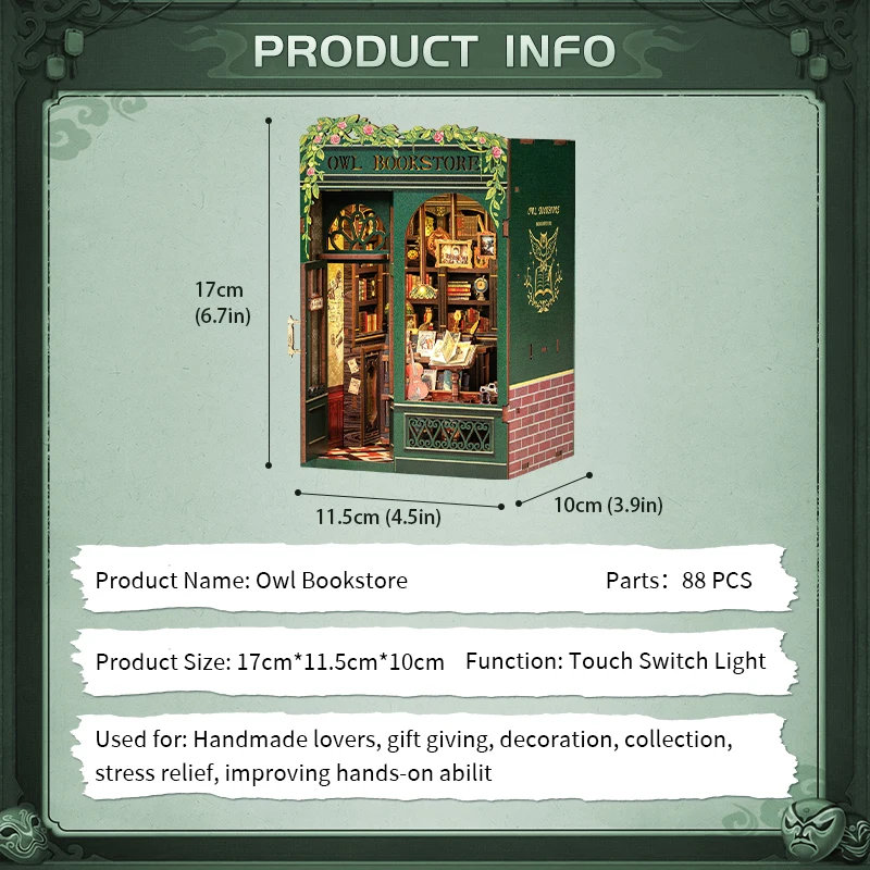 DIY Wooden Book Nook Miniature Kit with LED Lighting – Owl Bookstore Model 6