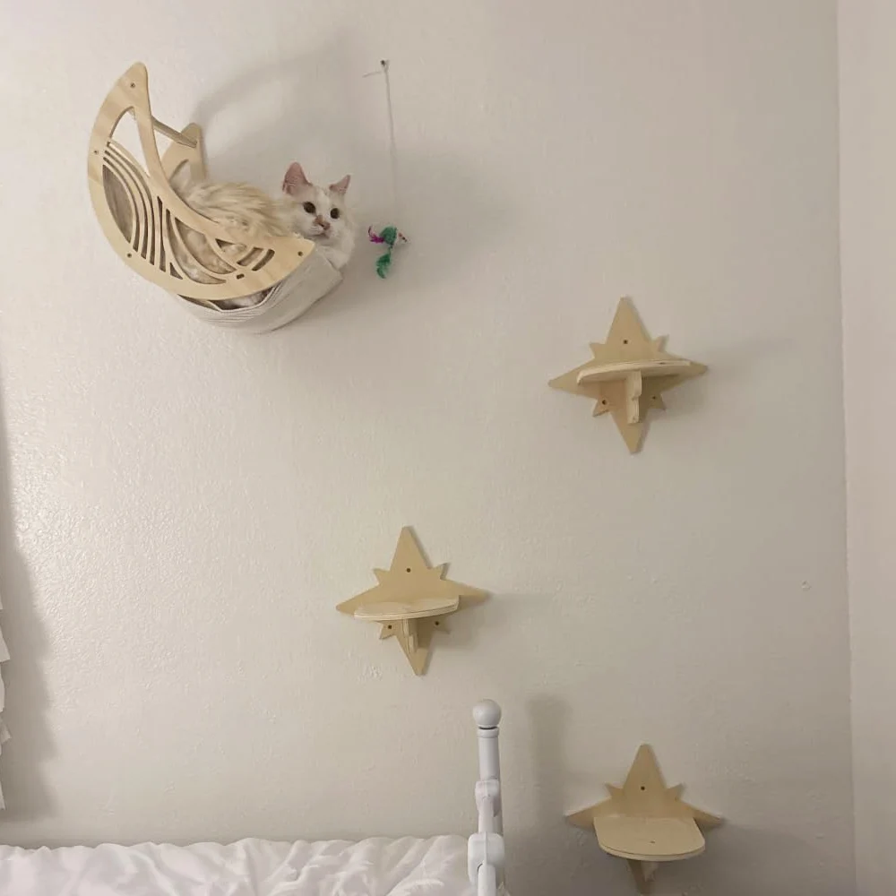 Mond & Stern Katzen-Wandregale: Moderner Holz-Katzenbaum mit Bett, Hängematte und Klettermöglichkeiten für Hauskatzen – Zubehör – Detail 10