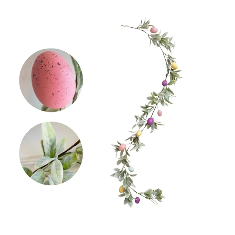 

Colorful Easter Egg Garland Plastic Speckled Eggs Faux Hanging Garland Lifelike with Green Leaves Egg Vine String Fireplace