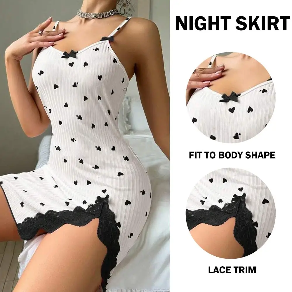 

Sexy Summer Pajamas Dress Women's V-Neck Heart Print Lace Trim Nightgowns Bow Tie Decor Camisole Dress Sexy Adult Lingerie