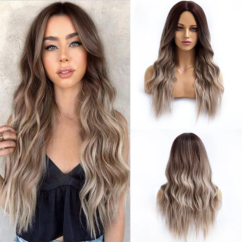 

New European and American Style Women's Wig Gradient Color Middle Part Long Curly Synthetic Wig Direct Sale