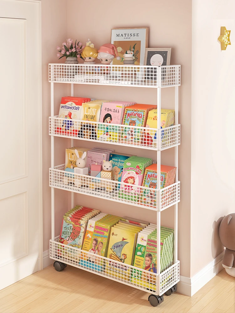 

Children's Bookshelf Multi-layer Floor-standing Narrow Mobile Cart Bedroom Cabinet Picture Book Storage Rack Organization...