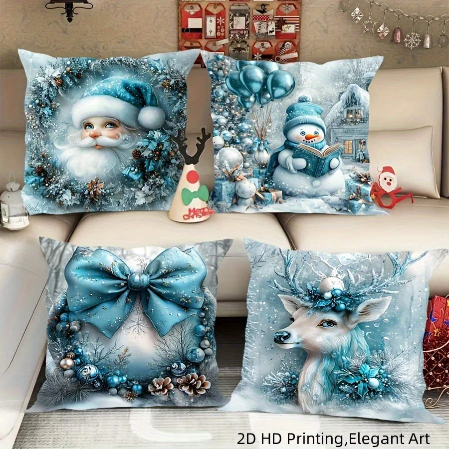 

4 шт. рождественские наволочки синего цвета — дизайн Санта-Снеговика и оленя, праздничные подушки для дивана или кровати