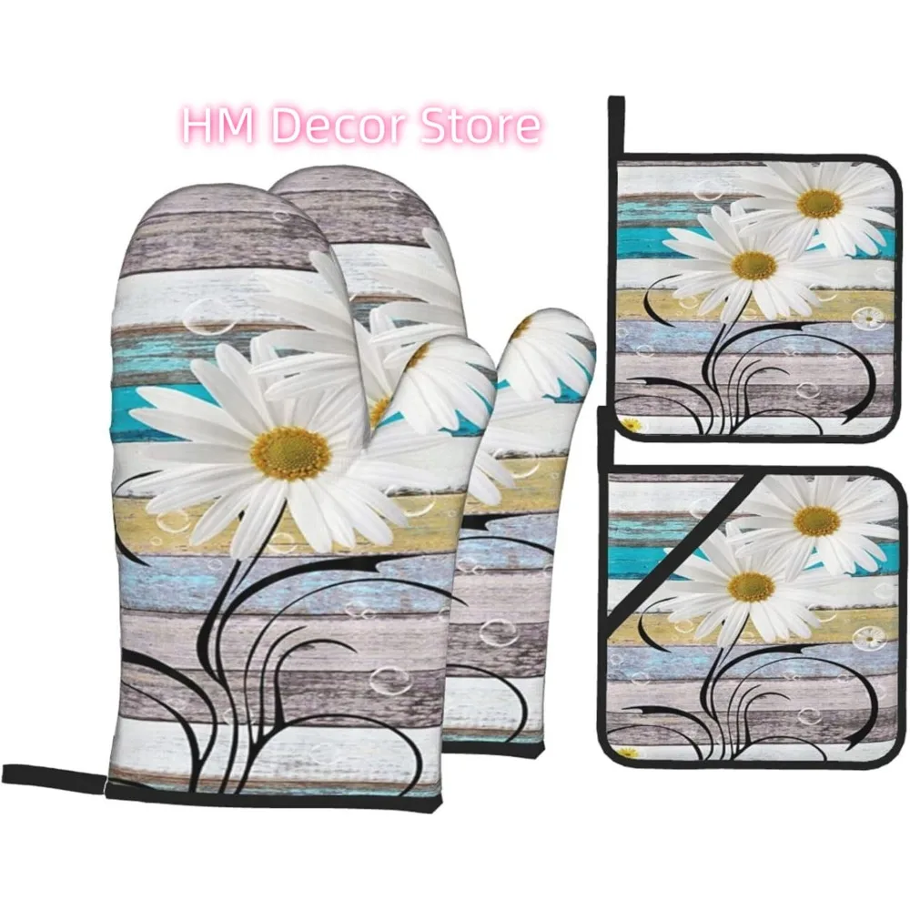 Rustic Daisy Flower Spring Oven Mitts and Pot Holders Sets of 4, Country Style Heat Resistant Polyester Cooking Gloves Non-Slip