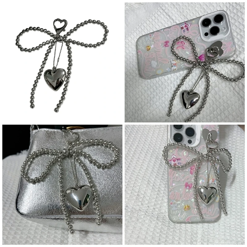 Sweet Bowknot Heart Keychain Pendant Lovely Beaded Hanging Decorations Keyring Charm for Women Purse Bag Backpack Handbag