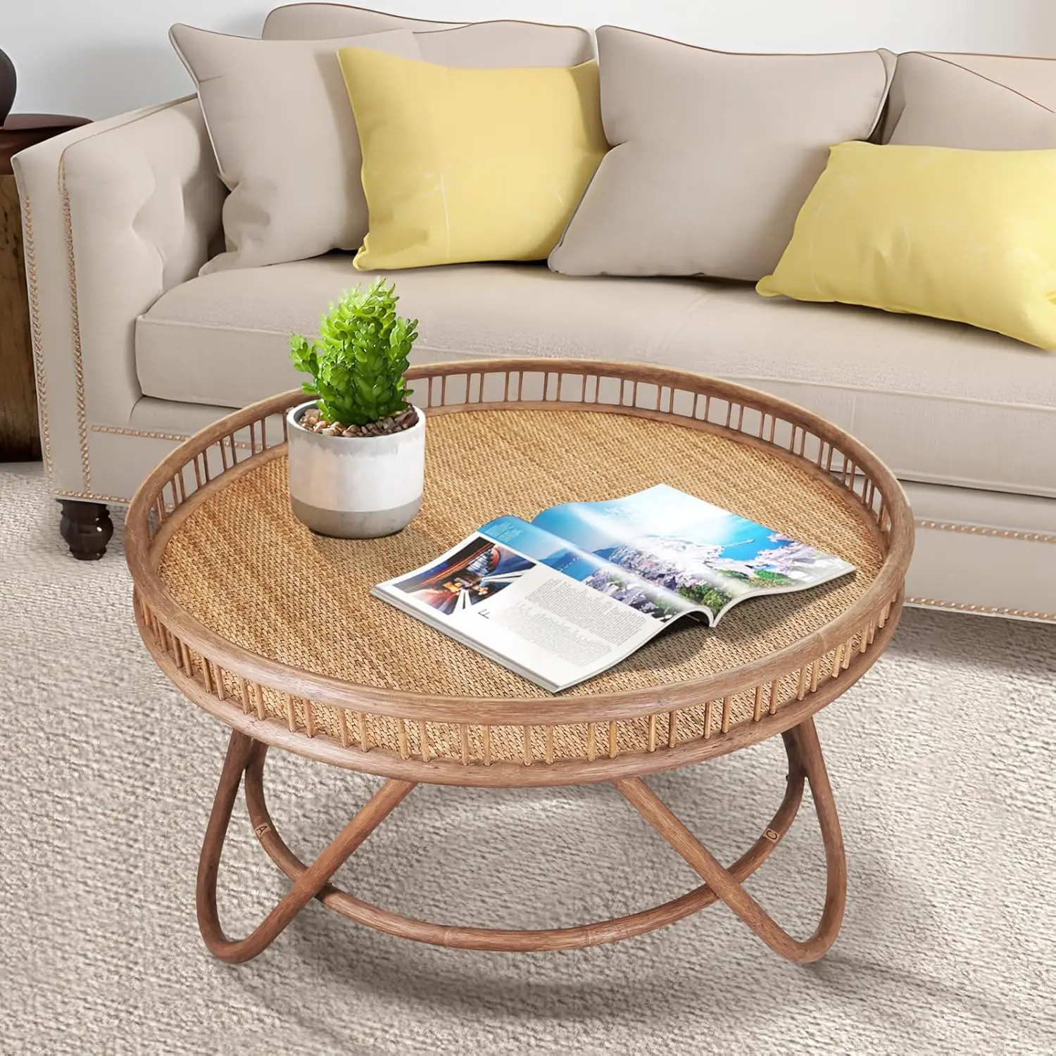 Boho Rattan Coffee Table Round, Handwoven Modern Style Round Wicker Coffee Table for Living Room,32x18 '' Brown