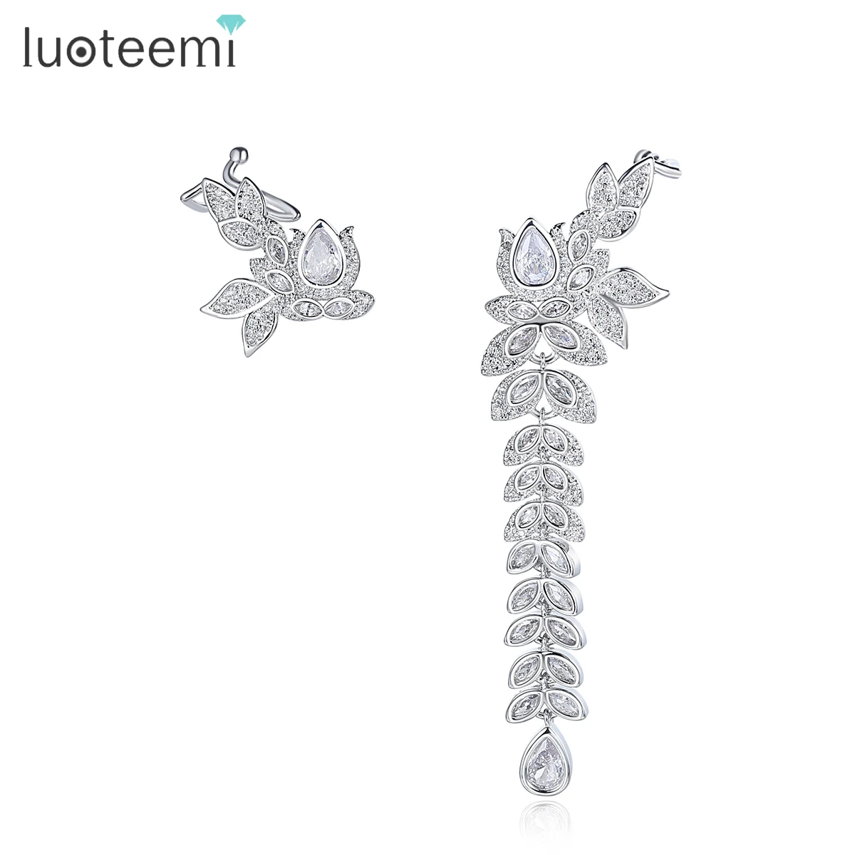 

LUOTEEMI Luxury Cubic Zirconia Lab Flower Shape Pendant Stylish Asymmetrical Unusual Ear Clips for Woman Girls Fashion Jewelry