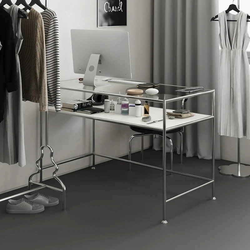 

Household long office work glass desk extremely simple stainless steel computer display clothing store