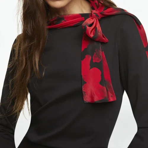 Imagen 2 del producto Tops de manga larga para mujer, camiseta Vintage a la moda para mujer, bufanda de seda, diseño de lazo, camiseta nueva informal Retro para oficina para mujer