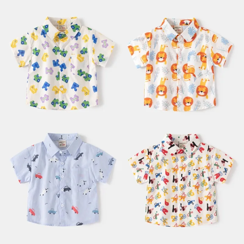 2024 Summer New Kids Cartoon Short Sleeve Cotton Shirt Boys' Digital Print Cute Top, Fashionable Ages 3-8, 4 Colors Available