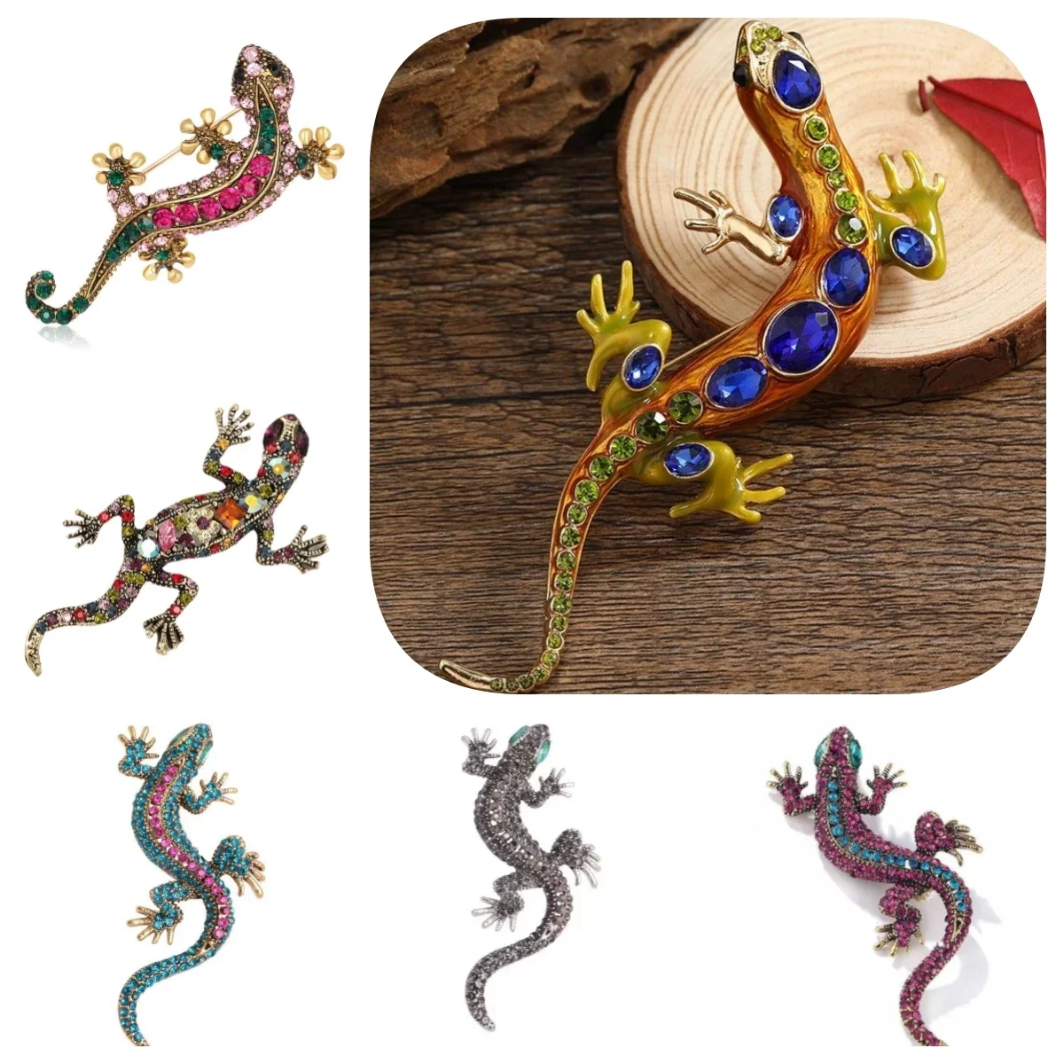 Vintage Rhinestones Gecko Brooch Zircon Lizard Badge Shining with Rhinestone Reptile Large Pin Fashion Party Gift Men Women