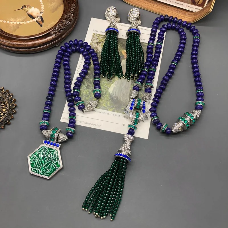 Lazurite Beaded Pendants of Various Lengths Clip Earrings for Women Chinese Style Vintage Luxury Fashion Jewelry Long Tassels