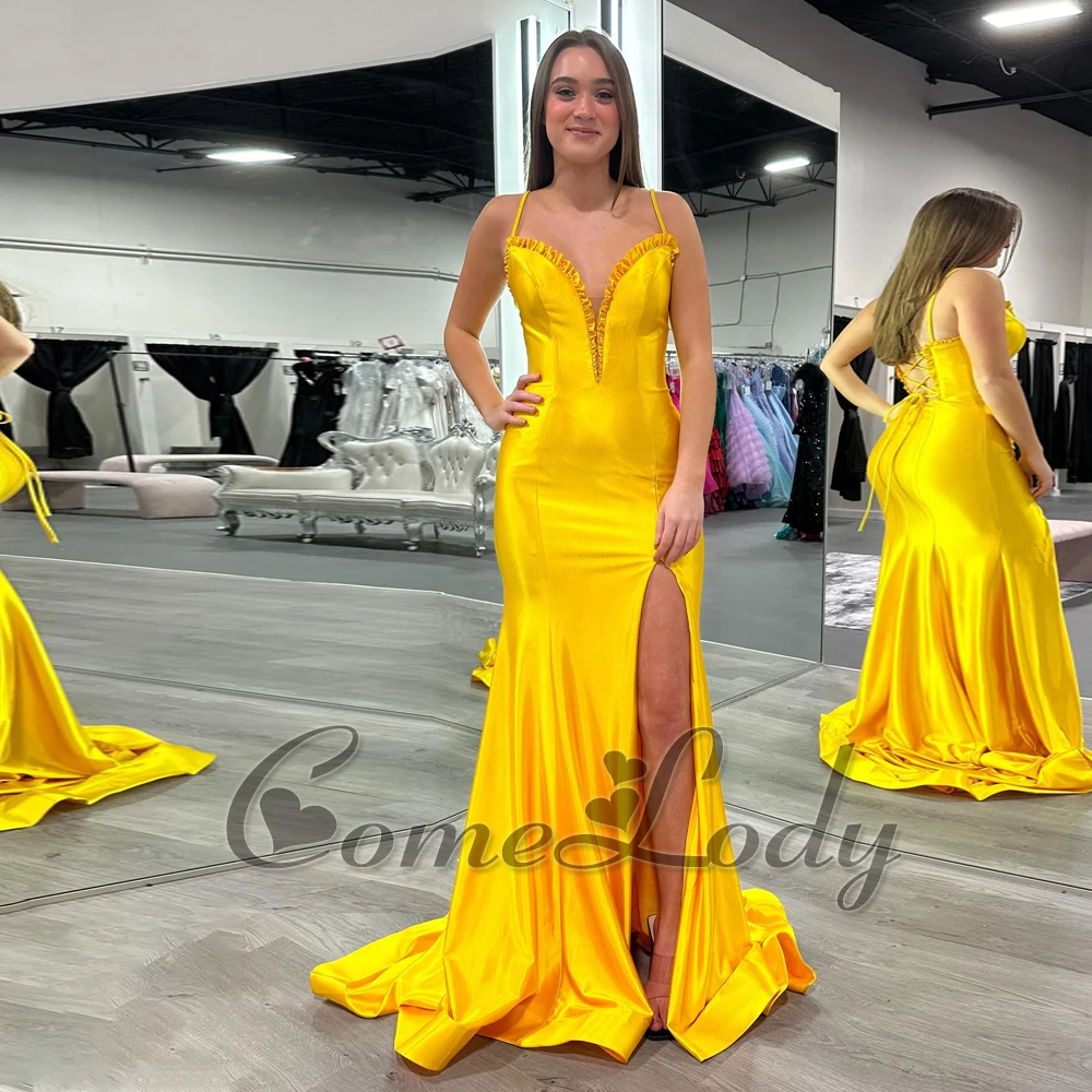 

Comelody Simple V-neck Prom Dresses for Women High Slit Spaghetti Straps Lacing Up Sweep Train Saudi Arabia Made to Order