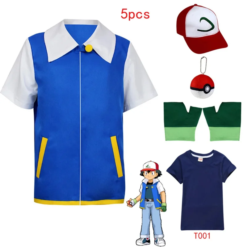 Disfraz de chaqueta azul de Anime para niños y niñas, conjunto de gorro y guantes de Cosplay Ash Ketchum para fiesta de Halloween, 4, 6, 8, 10 y 12 años