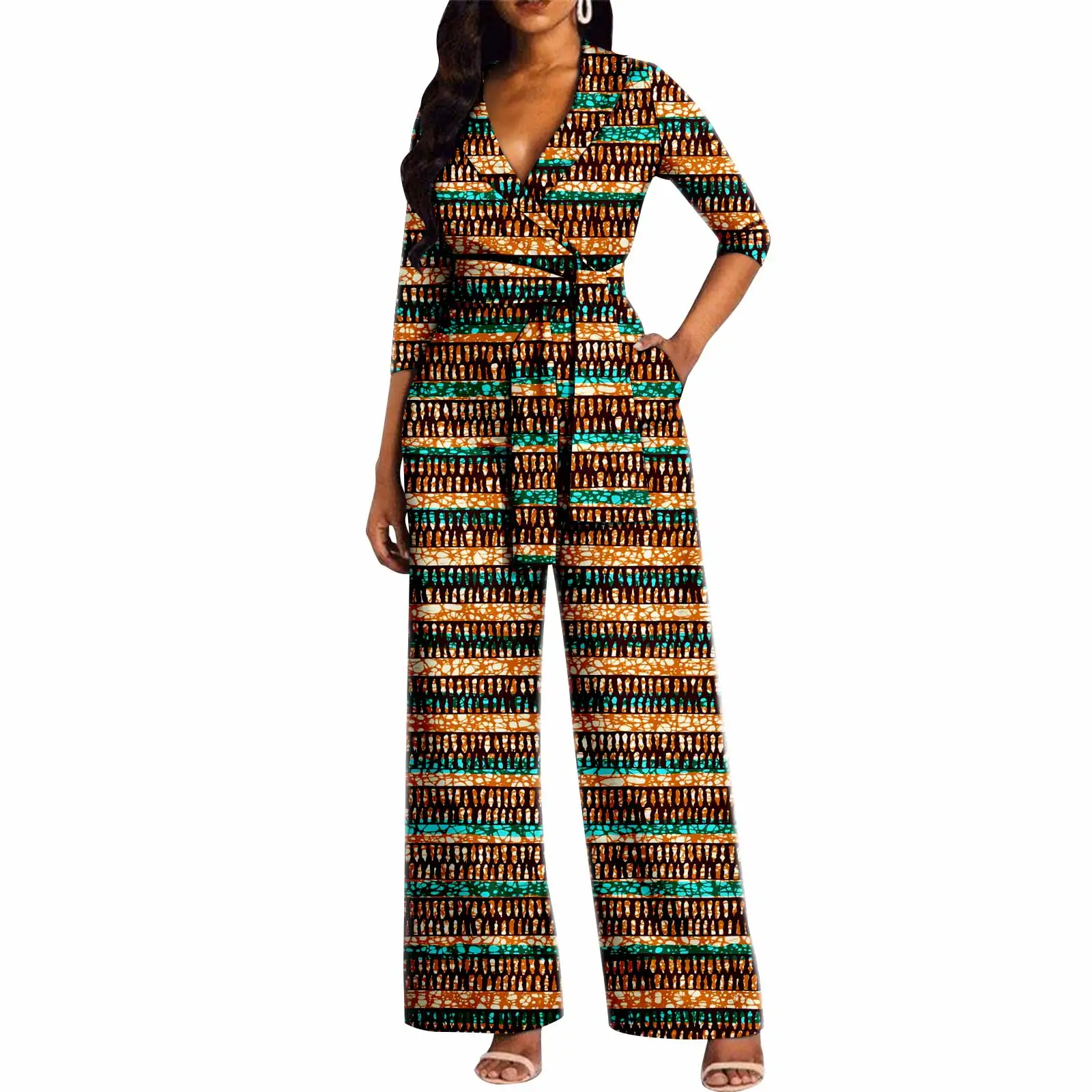 African Clothes for Women Suit V-neck Jumpsuit Loose Wide-leg Pant Bazin Riche Set Lady Ankara Causal Elegant Outfits Y2329001