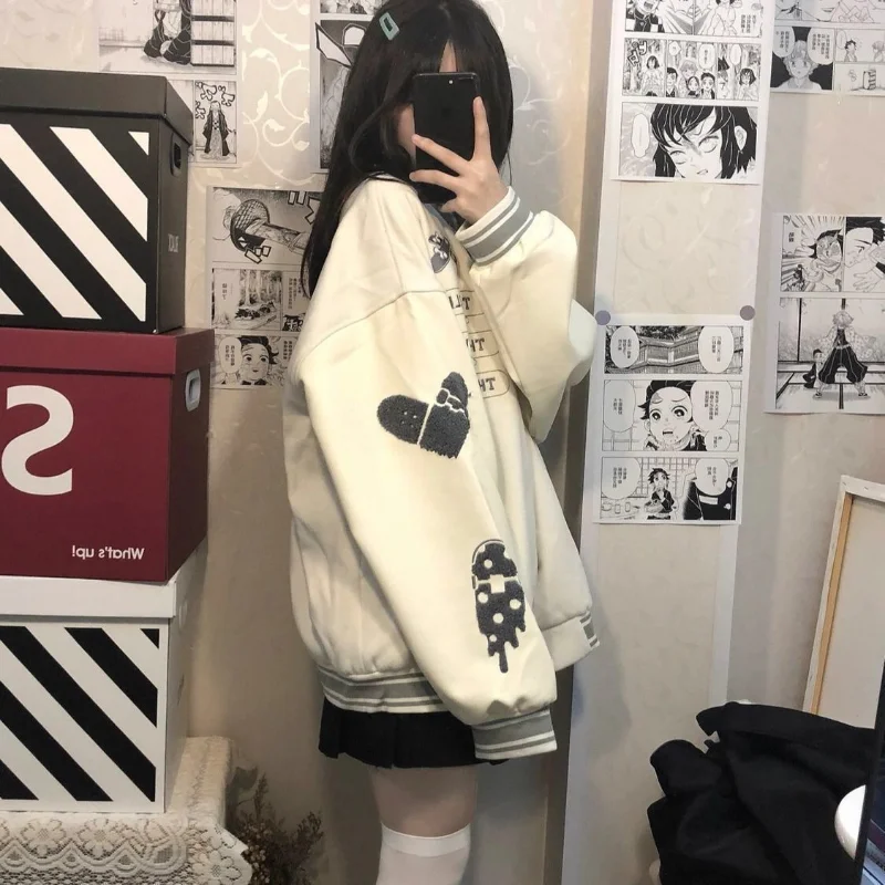 Kawaii Baseball Jackets Women Vintage Y2k Oversizd Bomber Jackets Japanese Style Graphic Coat Female Streetwear Outwear