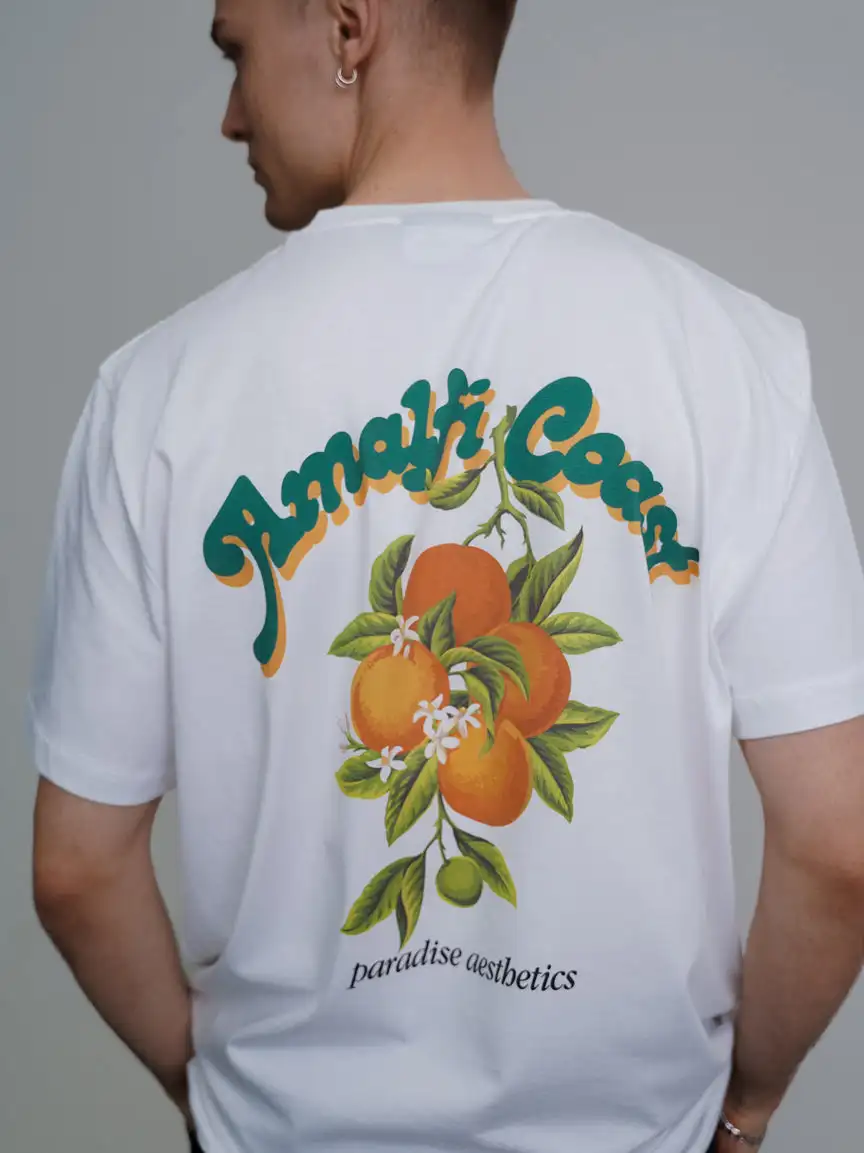 Camisa Amalfi blanca Angezogen para hombre y mujer, Camiseta de manga corta de gran tamaño de algodón de alta calidad, ropa cómoda para hombre y mujer