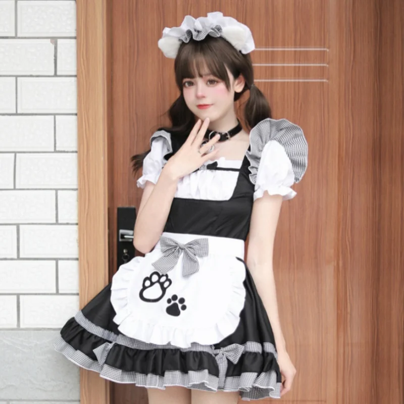 Japanese Anime Cosplay Costume Black and White Classic Maid Apron Dress Square Neck Short Sleeved Lolita Attire Women's Clothing