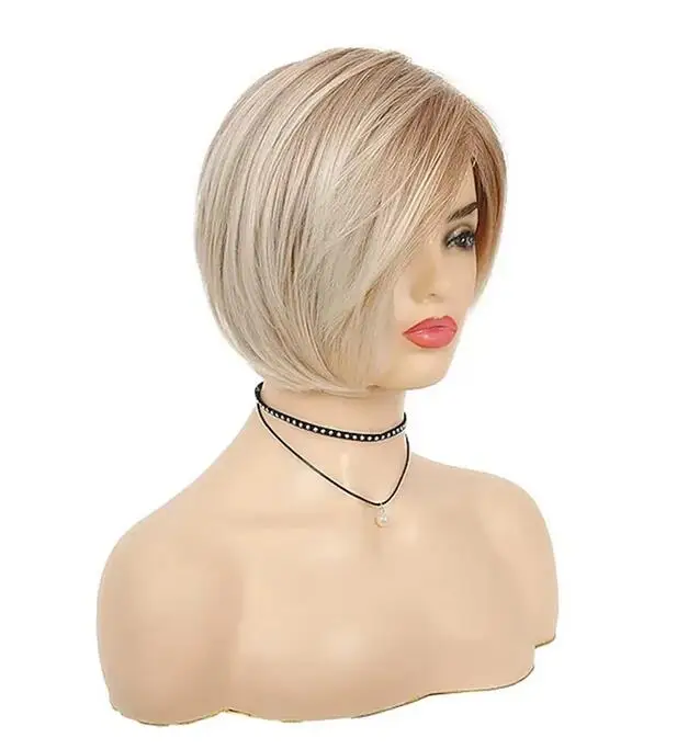 Natural Looking Blonde Wig with Bangs Short Straight Bob Wigs for Women 10 Inch Synthetic Hair Replacement Wigs