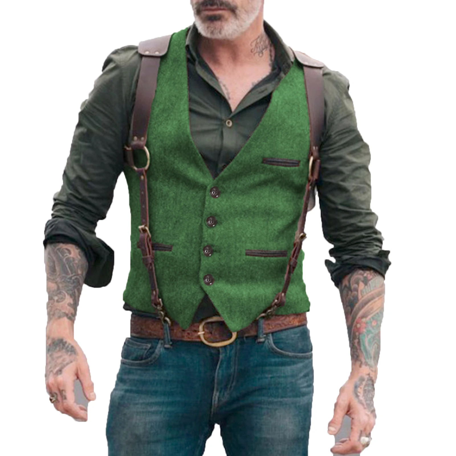 2024 New Mens Herringbone Double Breasted Vests Suit Wool Business Tweed Waistcoats Slim Fit