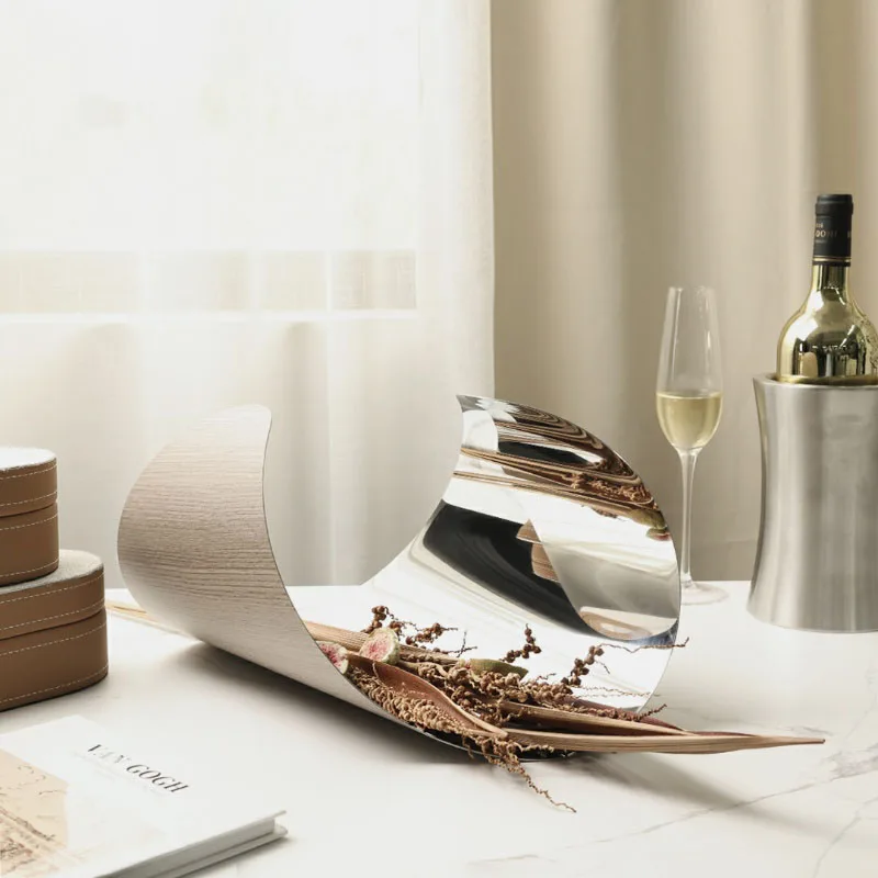 

Креативный поднос из нержавеющей стали с круглыми закругленными краями и текстурой под дерево для хранения, декоративный, для дома, ресторана, обеденного или кофейного стола