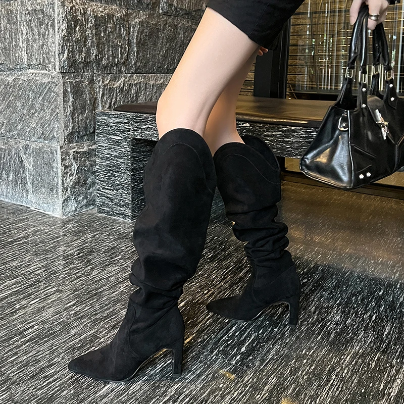 JOZHAMTA Size 34-42 Women Knee High Boots Suede Leather Wide Calf Thick High Heel Shoes Fall Winter 2025 Pointy Long Tall Boots