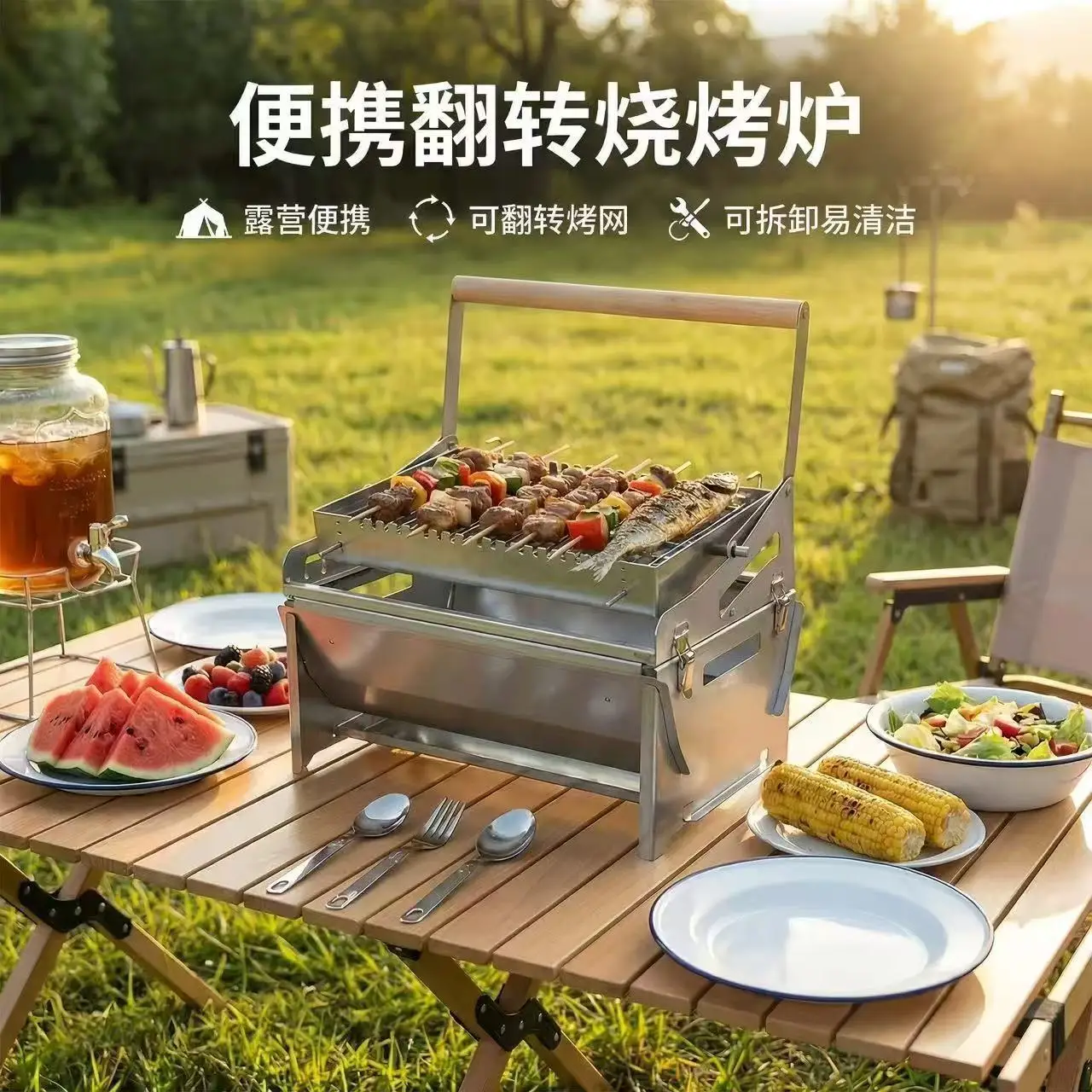Flip BBQ Grill 360 Outdoor Garden BBQ Grill Thickened Stainless Steel Rotatable Temperature Control