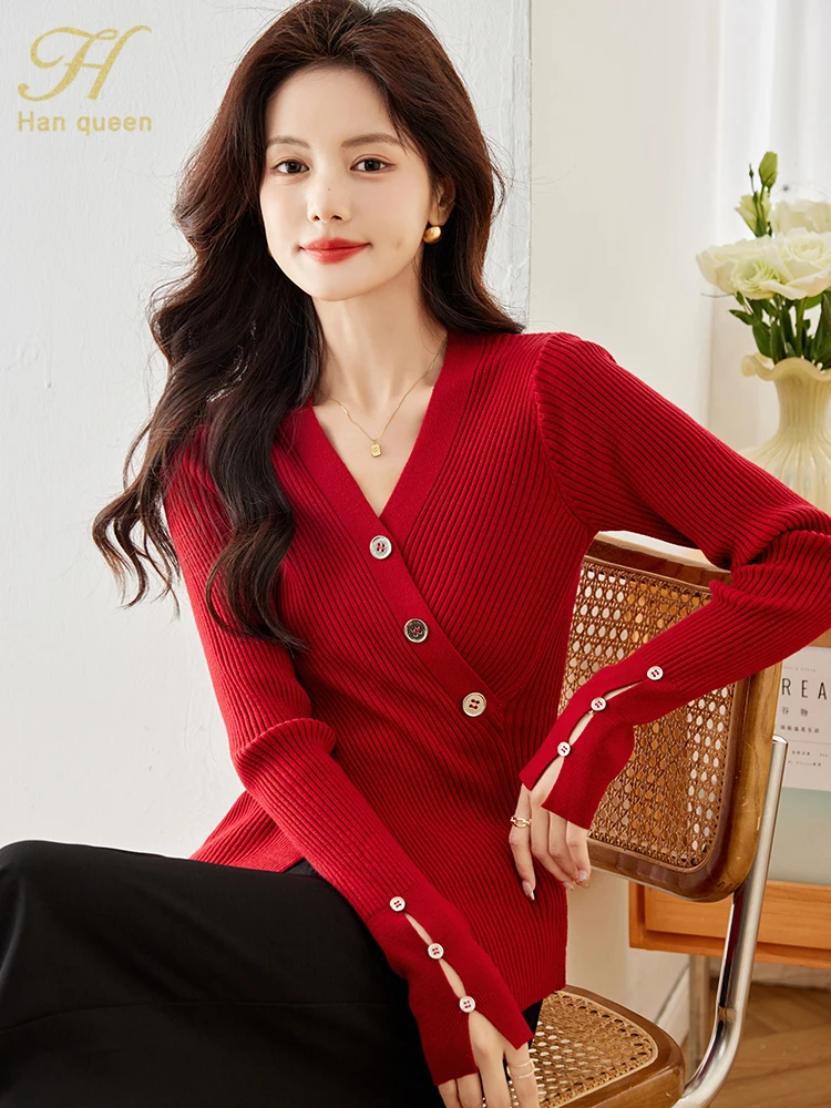 H Han Queen Autumn Winner Fashion Vintage Red Pullover Sweater Womens Vintage Casual Tops Women Basic Knitted Pullovers