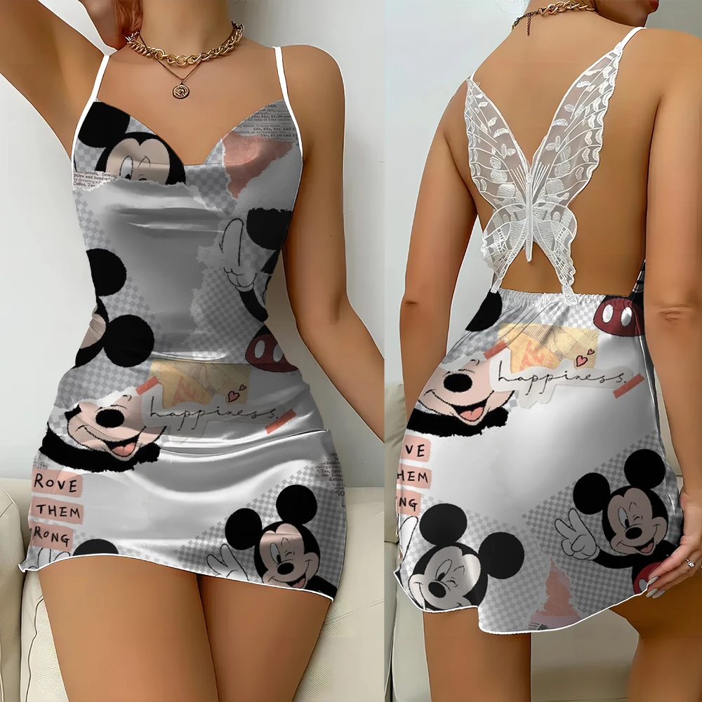 Hot sale summer cartoon Mickey Minnie women print fashion print backless lace butterfly nightdress Disney lettuce edge