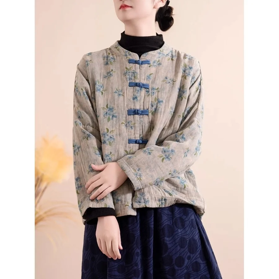 الرجعية الصينية Sle الأزهار طباعة خفيفة الوزن القطن Jaet ort ملابس خارجية الخريف الشتاء حجم كبير جديد الصينية Sle الوقوف C... #4