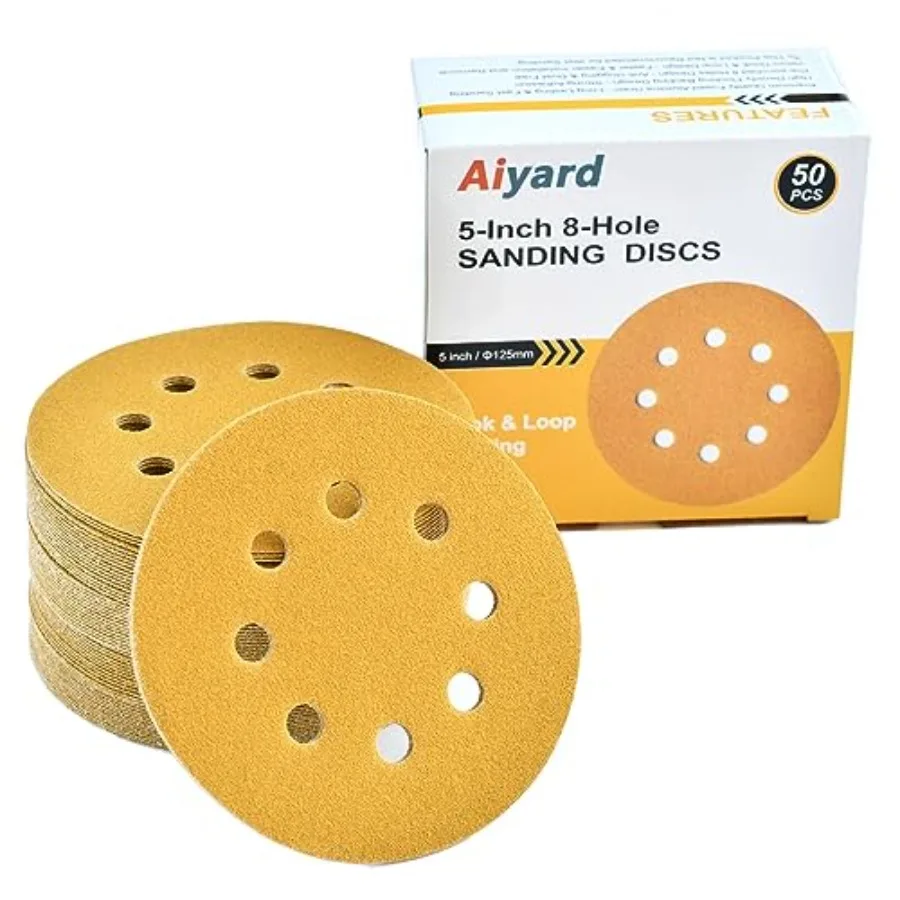 

5-Inch 8-Hole Hook and Loop Sanding Discs 120-Grit Random Orbit Sandpaper, 50-Pack
