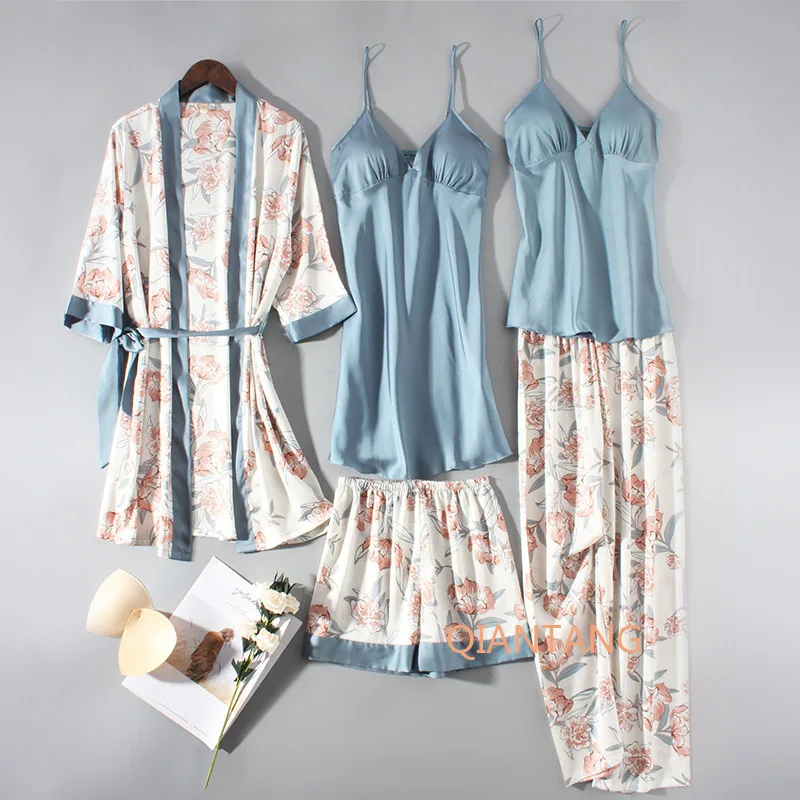 Pajamas Set Women Sleepwear Casual Satin Robe Suit Nightwear Lounge Wear V-neck Soft Pyjamas Kimono Bathrobe Gown Lingerie