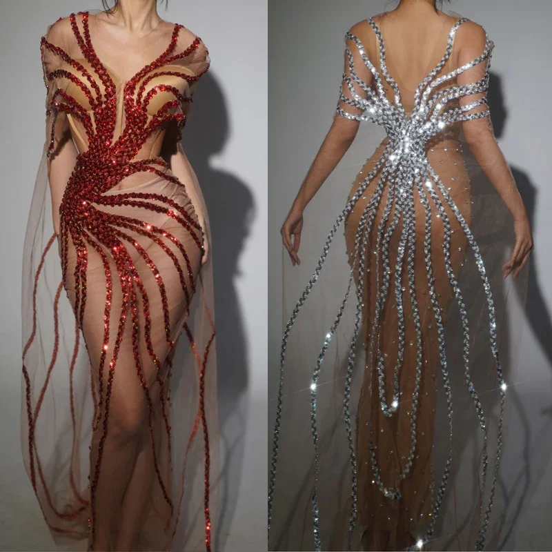 Women Singer Event Dress Gown Sexy Perspective Mesh Catwalk Outfit Sequins Party Celebrate Dress Stage Performance Wear