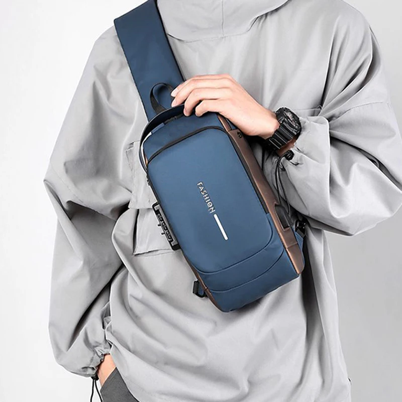 Diebstahlsichere Brusttasche für Herren mit Zahlenschloss, USB-Ladeanschluss, wasserdicht, als Umhängetasche oder Schultertasche für den täglichen Gebrauch. – Detail 9