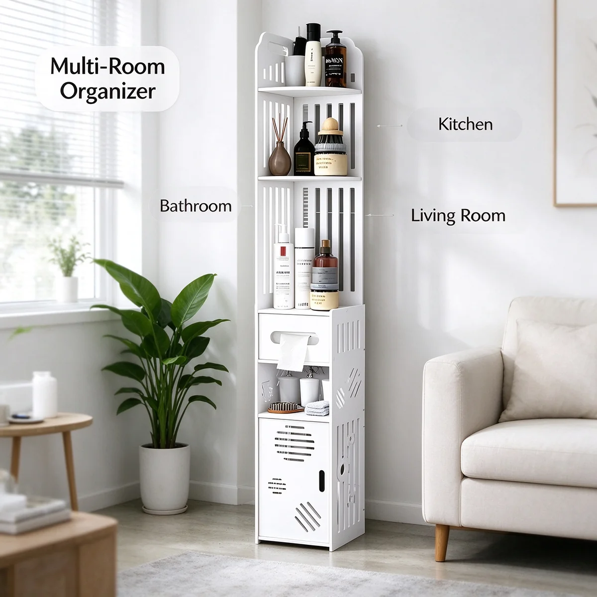 Freestanding White Slat Gap Storage Rack, 120cm Multi-layer Shelving Unit with Closed Cabinet & Open Compartments, Lightweight O