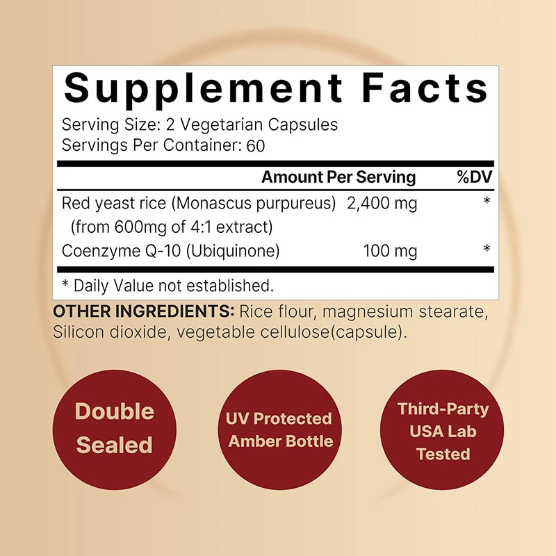 Red Yeast Rice Capsules - with CoQ10 - Promotes Energy Production, Supports Heart, Cardiovascular Health, Antioxidant