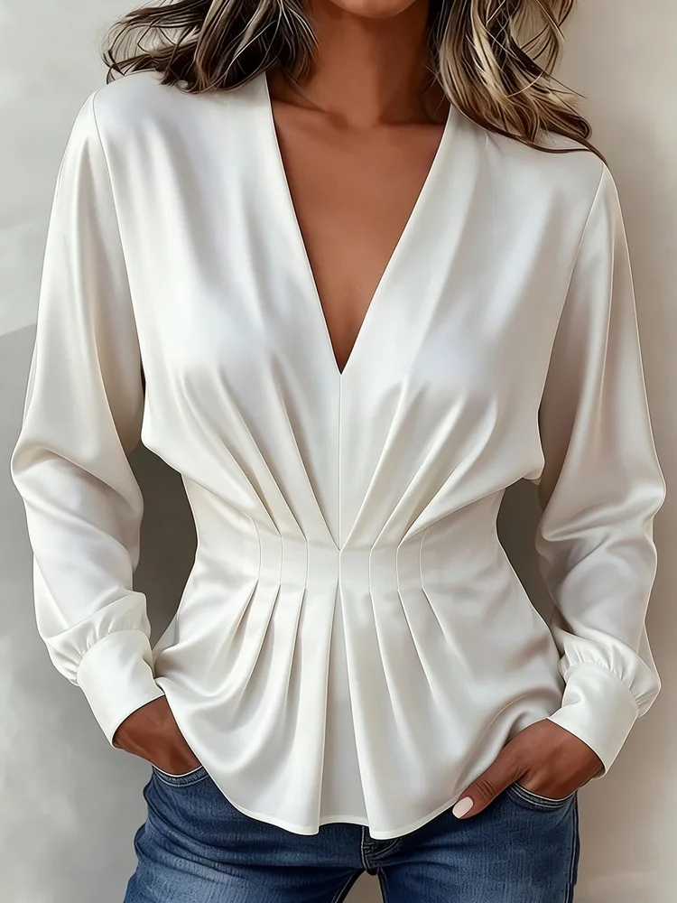 2026 Autumn Women's Pleated Blouses Fashion V Neck Tops Slim Waist Long Sleeve Shirts Elegant Business Office Casual For Ladies